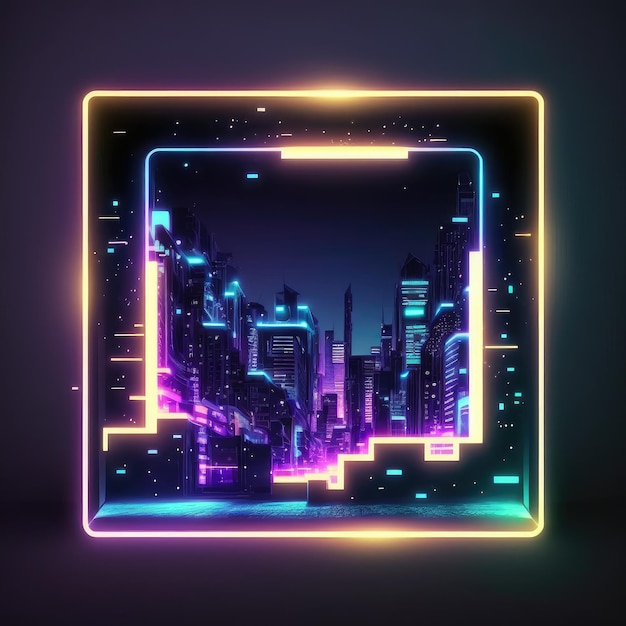 Futurista de neon brilhando em forma quadrada de vista da paisagem urbana