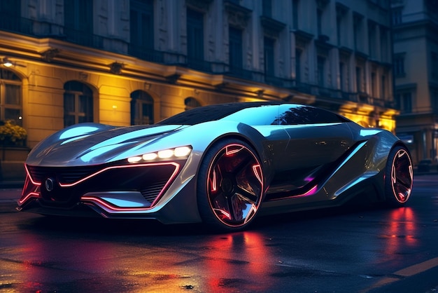Futurista deportivo súper coche concepto en la calle de una ciudad europea carreras callejeras en caros autos de lujo exclusivos