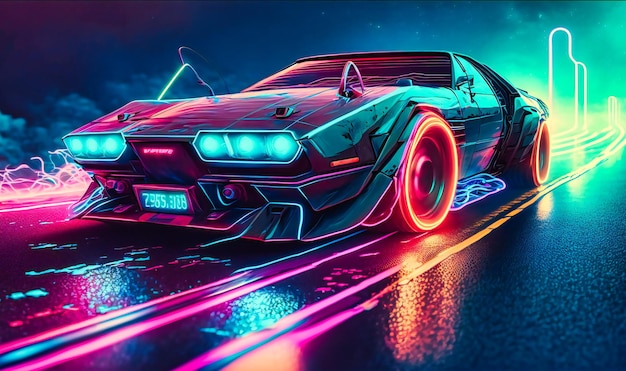 Futurista e ousado, um carro retrô com linhas neon avança pela estrada, uma prova das infinitas possibilidades da tecnologia