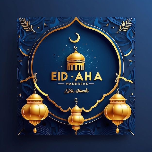 Foto futurista eid al adha mubarak diseño de publicaciones en las redes sociales con fondo azul vibrante de medianoche