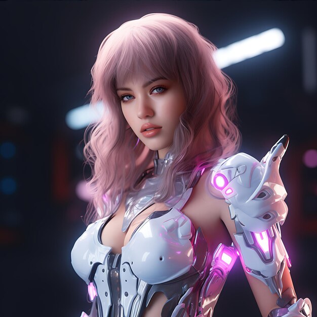 Futurista hermosa chica cyborg con cabello púrpura usar un elegante traje de cuerpo robot para el juego de personajes