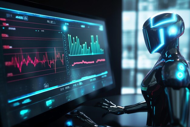 Futurista humano-robot analítico de datos de la pantalla de la computadora