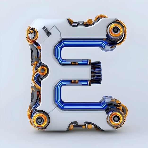 Futurista letra robótica E con componentes metálicos y diseño mecánico intrincado