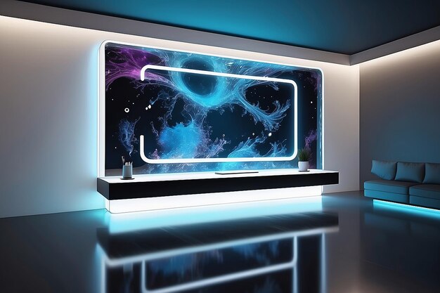 Futurista Lounge Art Flutuante Magnetic Liquid Display Mockup com visuais dinâmicos