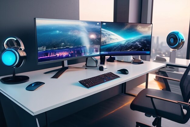 Futurista magnífica mesa de configuración de PC de una sala de oficina de freelancers llena de dispositivos avanzados