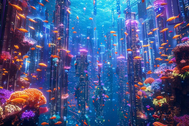 Futurista metrópolis de peces con vida marina en un vibrante paisaje urbano submarino con rascacielos elegantes y tecnología futurista yuxtapuesta con coloridos arrecifes de coral y criaturas marinas exóticas