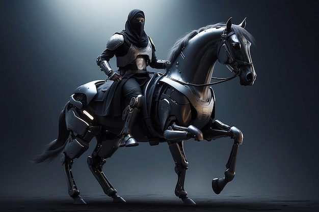 Futurista musulmán luchador con caballo robótico caballo ere avanzada tecnología de armas efecto oscuro