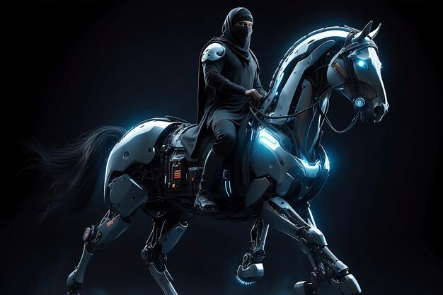 Foto futurista musulmán luchador con caballo robótico caballo ere avanzada tecnología de armas efecto oscuro