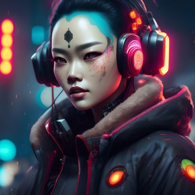 Futurista Neon Feminina Jogo Asiático Personagem com casaco grosso e fones de ouvido olhando para a câmera