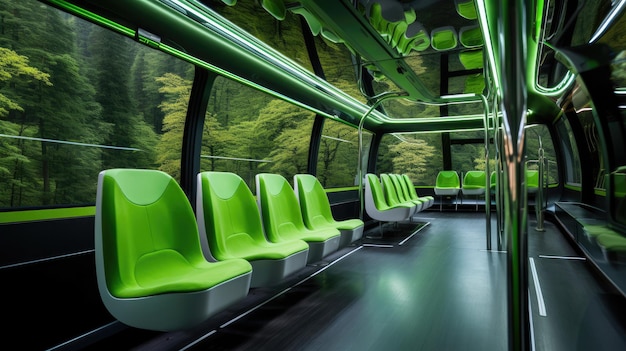 Futurista ônibus elétrico interior curvo design assento verde