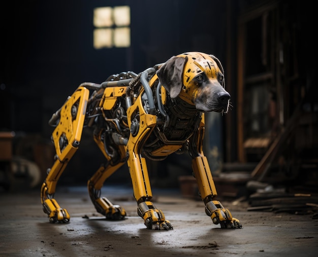 Futurista perro robot asistente del hombre en un futuro cercano