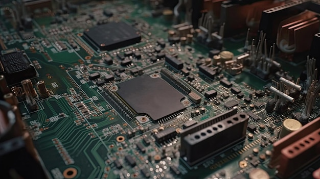 Futurista de placa de circuito electrónico de microprocesador con tecnología Generative AI