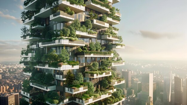 Foto futurista rascacielos cubierto de vegetación en el paisaje urbano