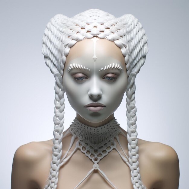 Futurista retrato trenzado blanco 3d Nora con trenzas de la diosa