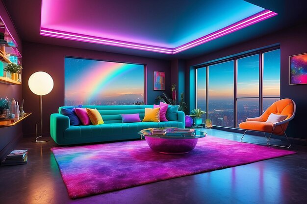 Foto futurista retro chic sala de neón arco iris con vistas a las galaxias