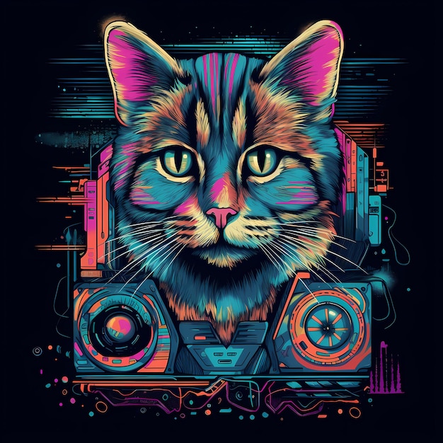 Futurista Retro Neon Graffiti Retrato de Gato Ilustração digital com Synthwave Vaporwave Aesthe dos anos 80