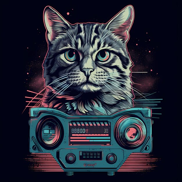 Futurista Retro Neon Graffiti Retrato de Gato Ilustração digital com Synthwave Vaporwave Aesthe dos anos 80