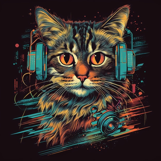 Futurista Retro Neon Graffiti Retrato de Gato Ilustração digital com Synthwave Vaporwave Aesthe dos anos 80