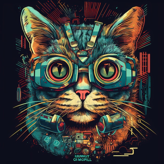 Futurista Retro Neon Graffiti Retrato de Gato Ilustração digital com Synthwave Vaporwave Aesthe dos anos 80