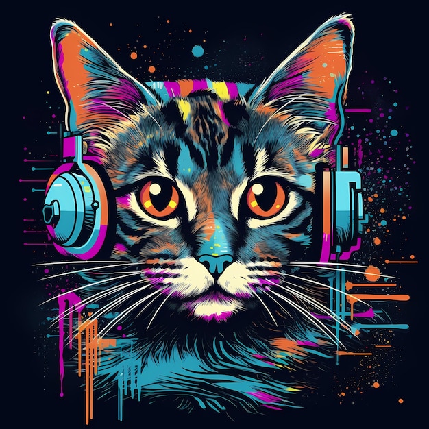 Futurista Retro Neon Graffiti Retrato de Gato Ilustração digital com Synthwave Vaporwave Aesthe dos anos 80