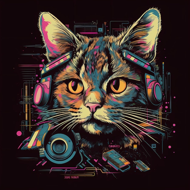 Futurista Retro Neon Graffiti Retrato de Gato Ilustração digital com Synthwave Vaporwave Aesthe dos anos 80