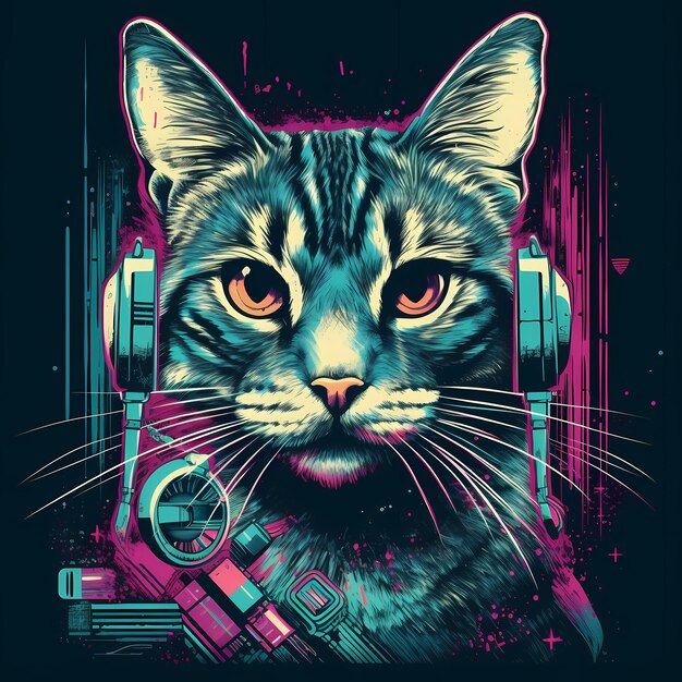 Futurista Retro Neon Graffiti Retrato de Gato Ilustração digital com Synthwave Vaporwave Aesthe dos anos 80