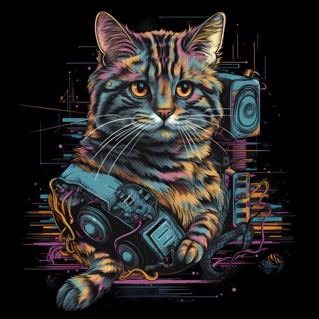 Futurista Retro Neon Graffiti Retrato de Gato Ilustración digital con las ondas sintéticas de los años 80 Vaporwave Aesthe