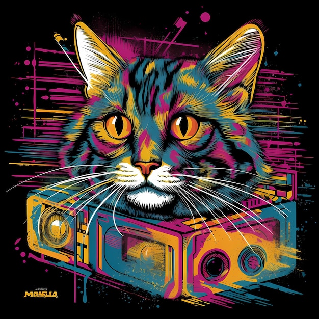 Futurista Retro Neon Graffiti Retrato de Gato Ilustración digital con las ondas sintéticas de los años 80 Vaporwave Aesthe