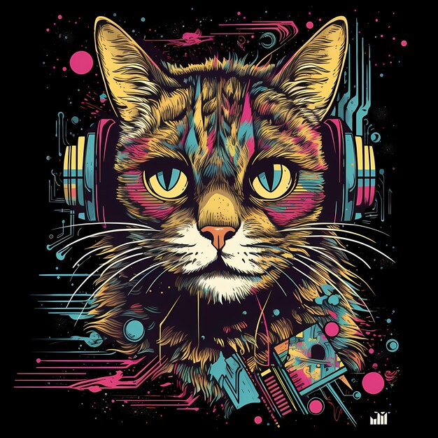 Futurista Retro Neon Graffiti Retrato de Gato Ilustración digital con las ondas sintéticas de los años 80 Vaporwave Aesthe