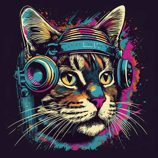 Futurista Retro Neon Graffiti Retrato de Gato Ilustración digital con las ondas sintéticas de los años 80 Vaporwave Aesthe