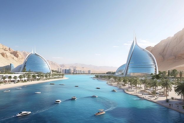 Futurista Riyad Neom paisaje urbano skyline escena nocturna con suelo de asfalto vacío en el frente