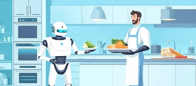 Futurista robot de cocina asistente de chef ayudando a un hombre a preparar una comida