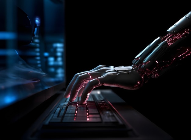 Futurista robot de IA que escribe a mano y trabaja con el teclado de la computadora o la computadora portátil