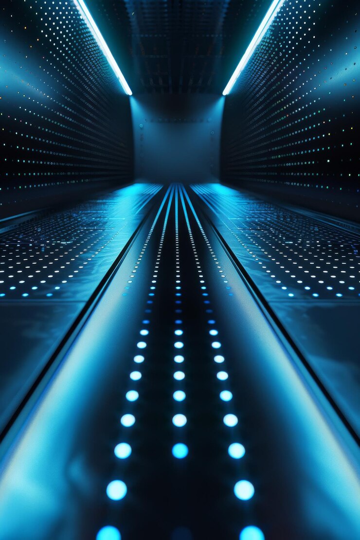 Futurista suelo metálico luz de neón azul