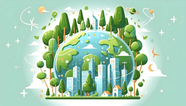 Futurista Tierra Bosques que se expanden en ciudades que simbolizan esperanza y crecimiento ilustrado por vector plano