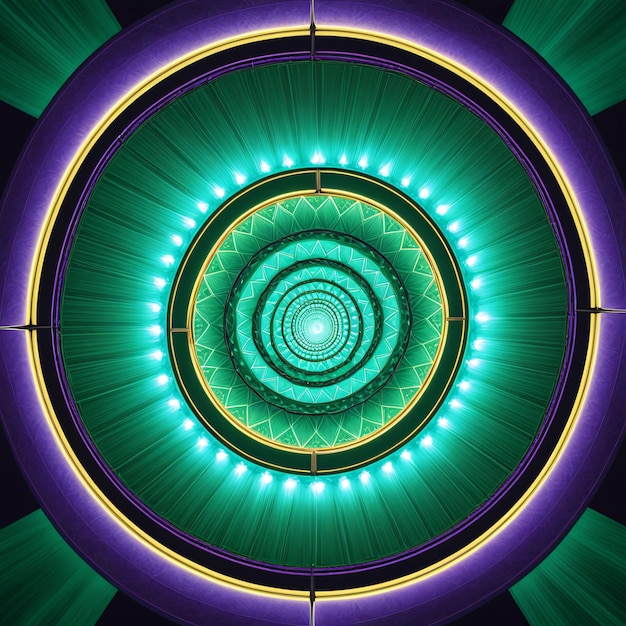El futurista túnel circular verde y púrpura brillante