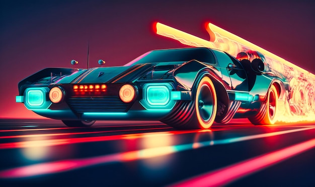 Futurista y vanguardista, un automóvil de onda retro con líneas de neón se acerca por la carretera como testimonio de las infinitas posibilidades de la tecnología.