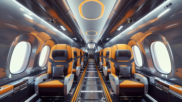 Futuristas asientos naranjas brillantes dentro de la cabina de un avión moderno Confort y lujo Concepto de vuelo Industria aeroespacial Diseño AI