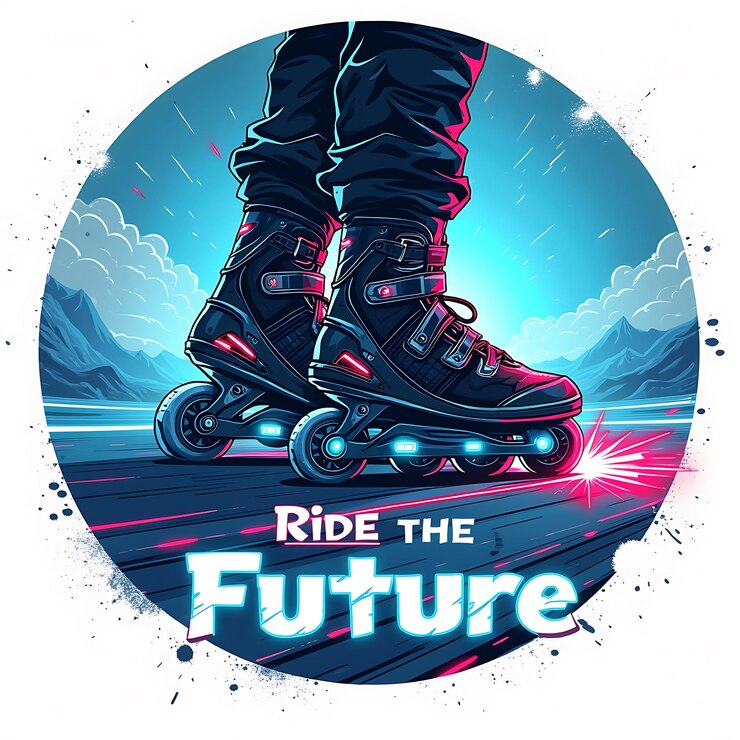 Futuristas botas de patinaje en línea LED con camino brillante y montar el texto del futuro en cómics digitales
