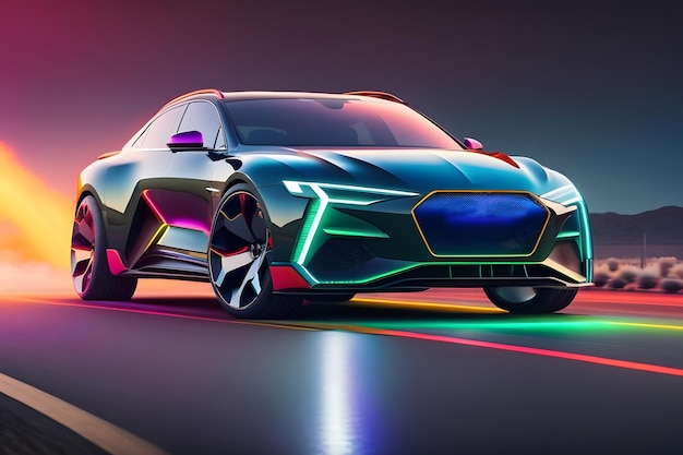 Futuristas luces coloridas SUV coche en la carretera