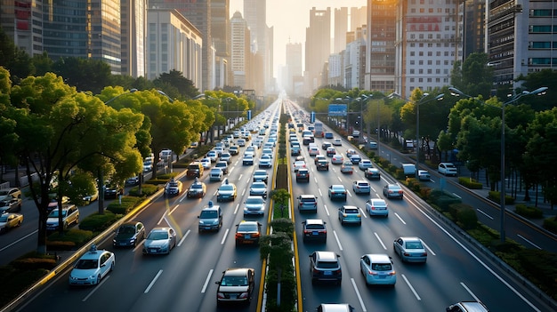 Futuristic City Traffic in Daylight Para transmitir la energía y la dinámica de una ciudad moderna con su próspero tráfico y sus altos rascacielos