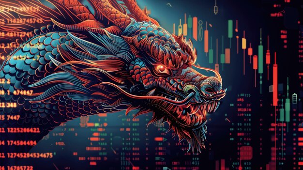 Foto futuristic dragon se envolve com a interface de dados financeiros