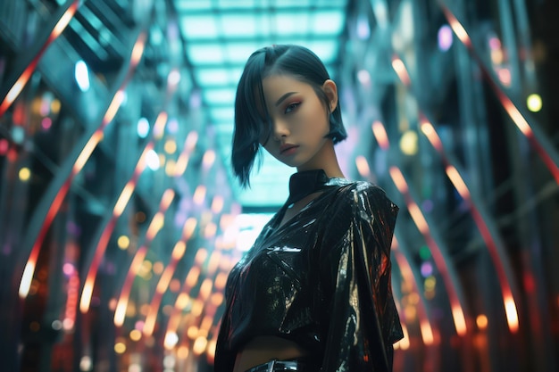 Futuristic Explorer Low Angle Cinematic Shot de uma garota asiática contra um cenário de ficção científica