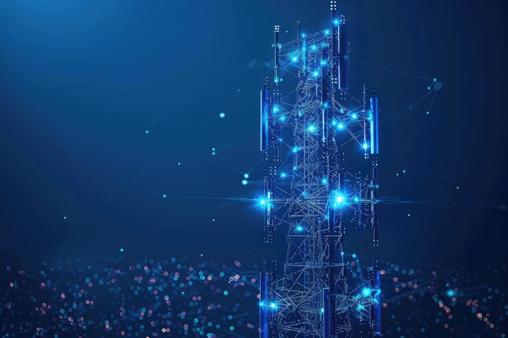 Futuristic Frontier Blue 3D Antena 5G aislada en medio de la tecnología de innovación