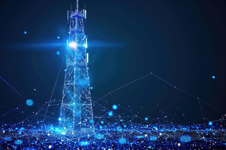 Futuristic Frontier Blue 3D Antena 5G aislada en medio de la tecnología de innovación