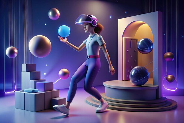 Foto futuristic illustration of person with virtual reality glasses and elements in the background