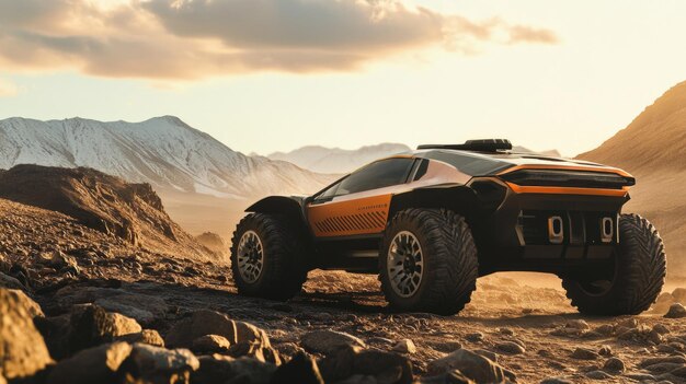 Futuristic OffRoader en el desierto rocoso Un vehículo offroad de próxima generación que conquista la imagen del desierto rocosa
