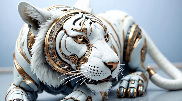 Futuristic Robotic White Tiger with Gold Accents
