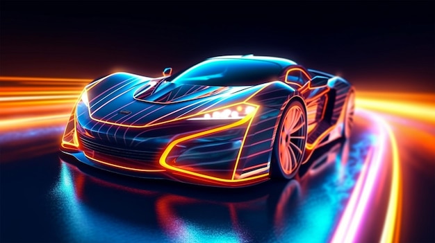 Futuristic Sports Car na Neon Highway Aceleração poderosa de um super carro com luzes coloridas trilhas Generative Ai
