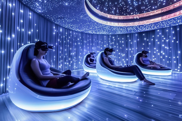 Futuristic Wellness Los participantes meditan en cápsulas de relajación de alta tecnología rodeados de luces relajantes